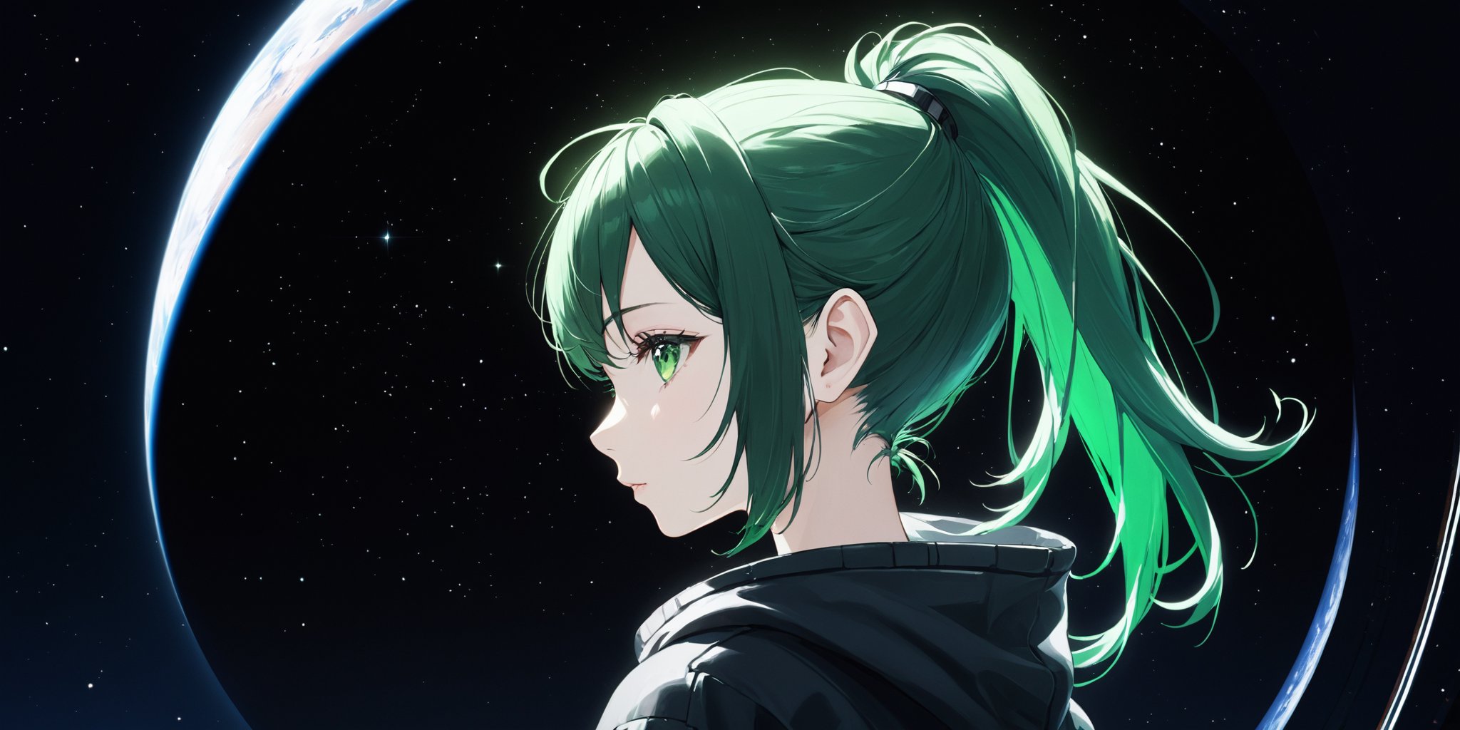 An image of A profile shot of a green haired anime woman with green eyes looking out into space forlorn at the destruction of her home planet.