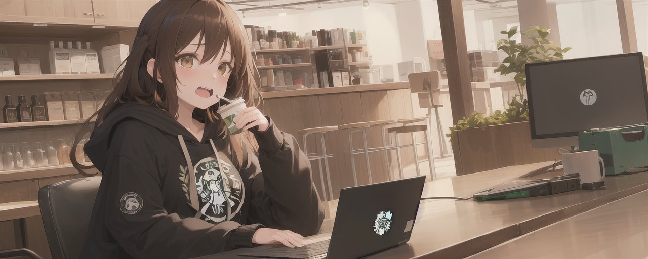 An image of 1girl, laptop, starbucks, typing, black hoodie, brown hair, brown eyes, long hair, tears, airpods