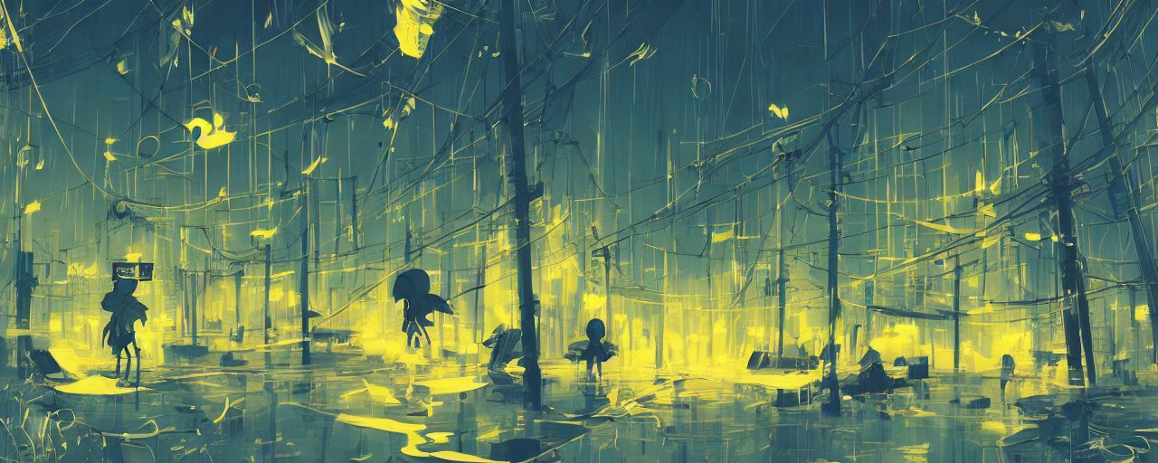 An image of teal and yellow colors. Utility poles in style of cytus and deemo, mysterious vibes, set in half-life 2, beautiful with eerie vibes, very inspirational, very stylish, surrealistic, perfect digital art, mystical journey in strange world, bastion game