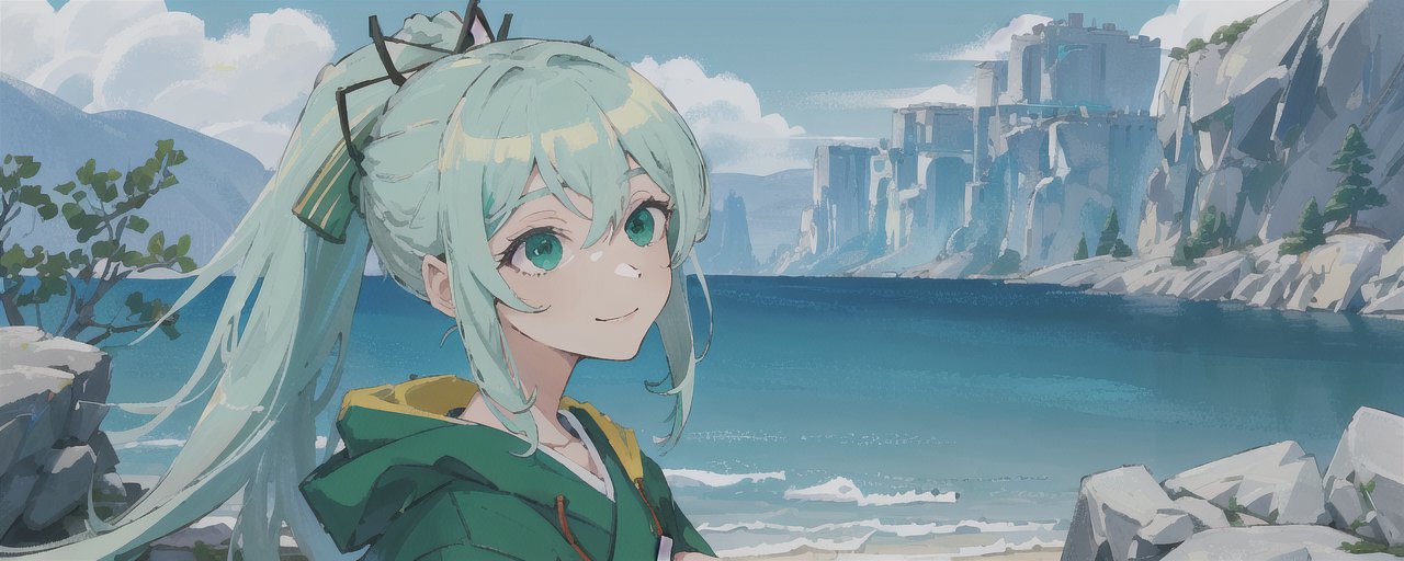 An image of a green haired anime woman standing in front of a mountain range wearing a kimono hoodie