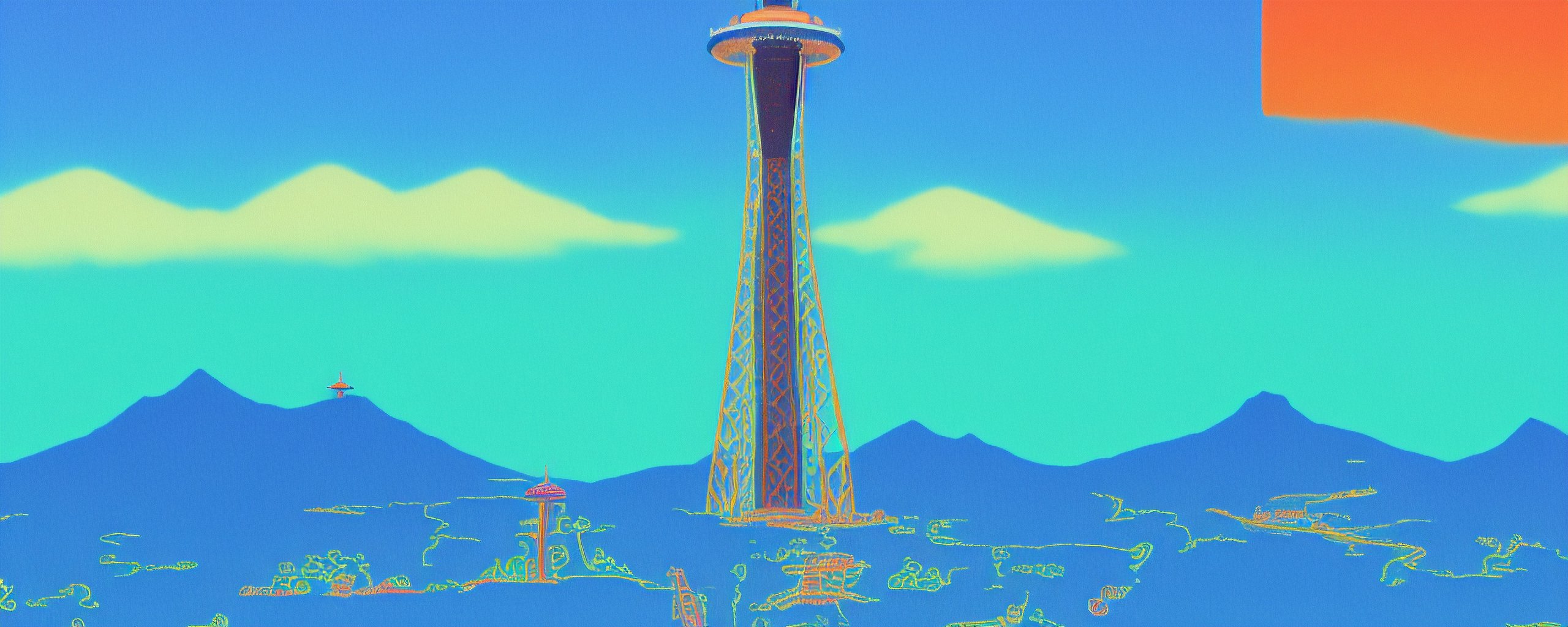 An image of landscape, breath of the wild, vaporwave palette, CGA colors, space needle in distance, manga style, thick outlines, ink, acid trip, kanji, genshin impact