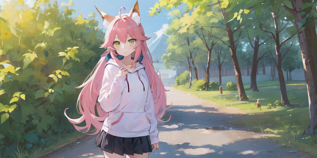 An image of a girl with yellow eyes, pink hair, fox ears, a white hoodie, and a short skirt walking through a park; her hair is very long and is wearing a very uncertain look.