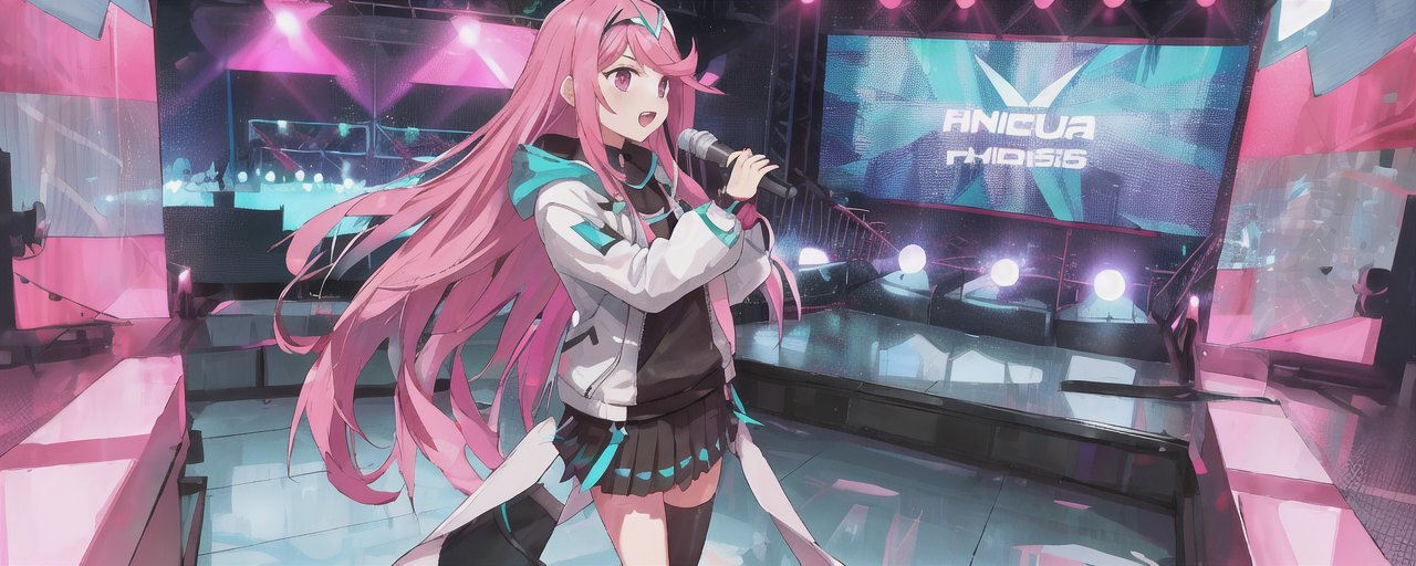 An image of 1girl, microphone, hoodie, skirt, singing, pink hair, long hair, holding microphone, stockings, stage, nightclub, dubstep