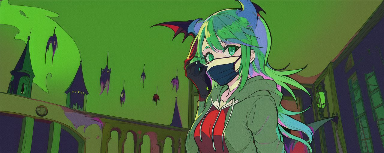 An image of ligne claire, flat colors, vampire, spooky house, 1girl, green hair, green eyes, flashlight, indoors, ambiance, face mask, hoodie, pop art