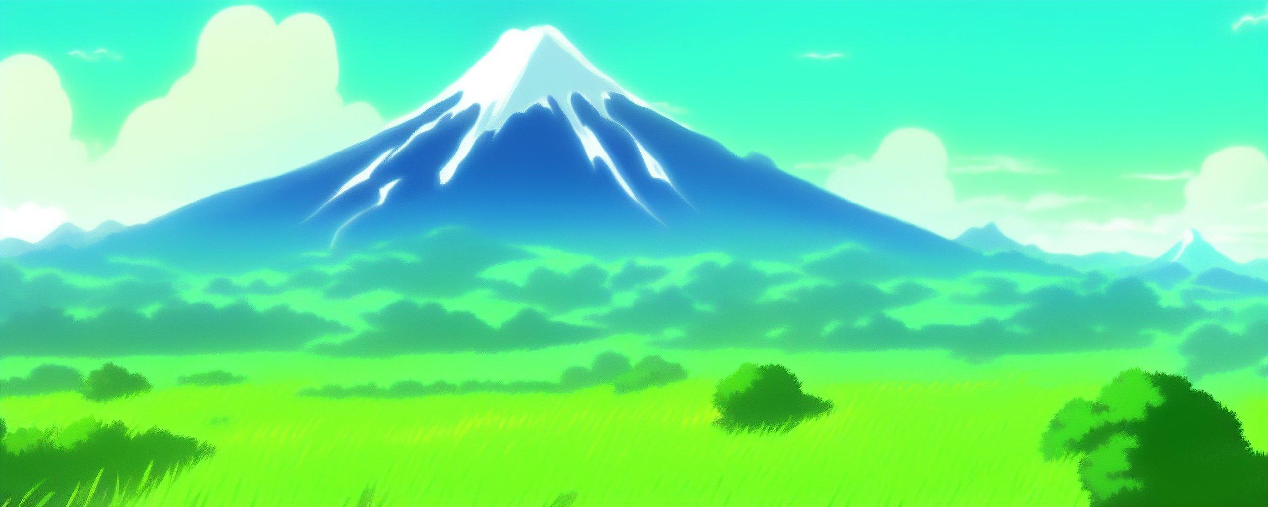 An image of a rolling green landscape by makoto shinkai, breath of the wild, active volcano, windows xp bliss, manga style, ((thick outlines))