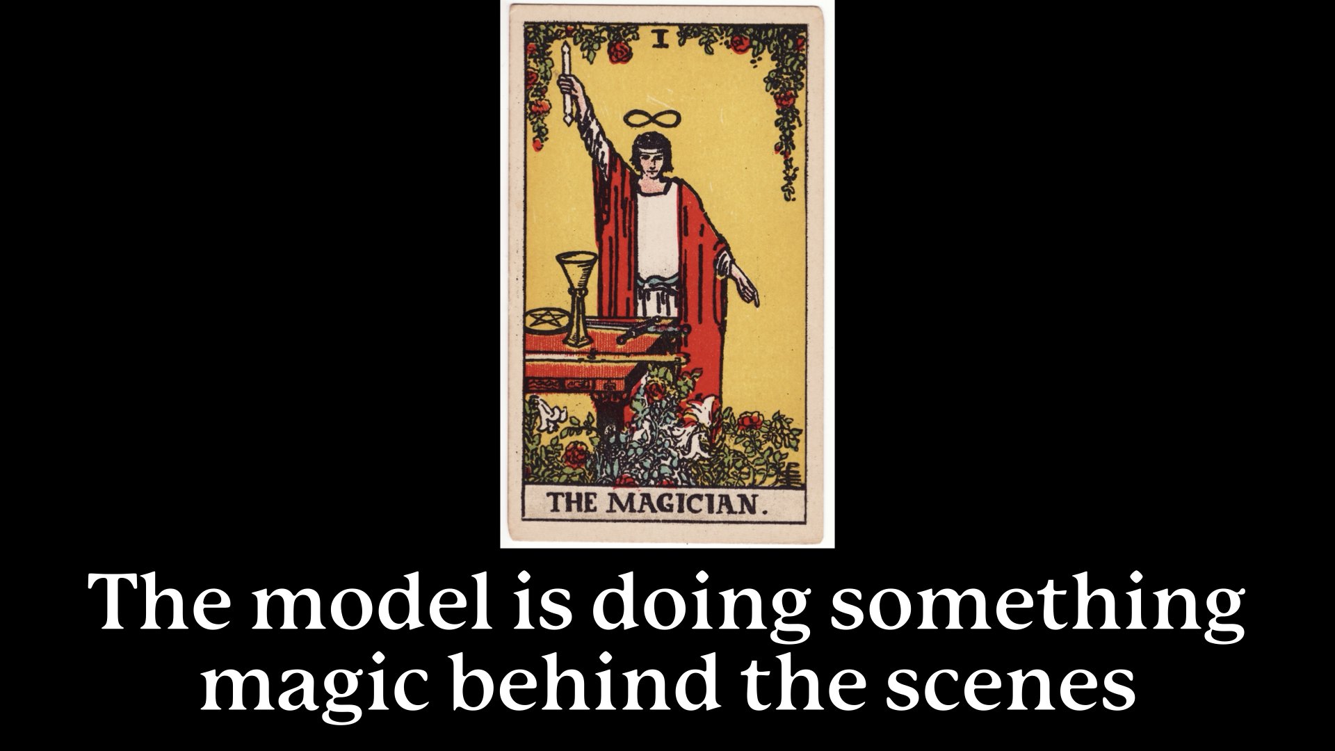 The tarot card The Magician over the text 'The model is doing something magic behind the scenes'.