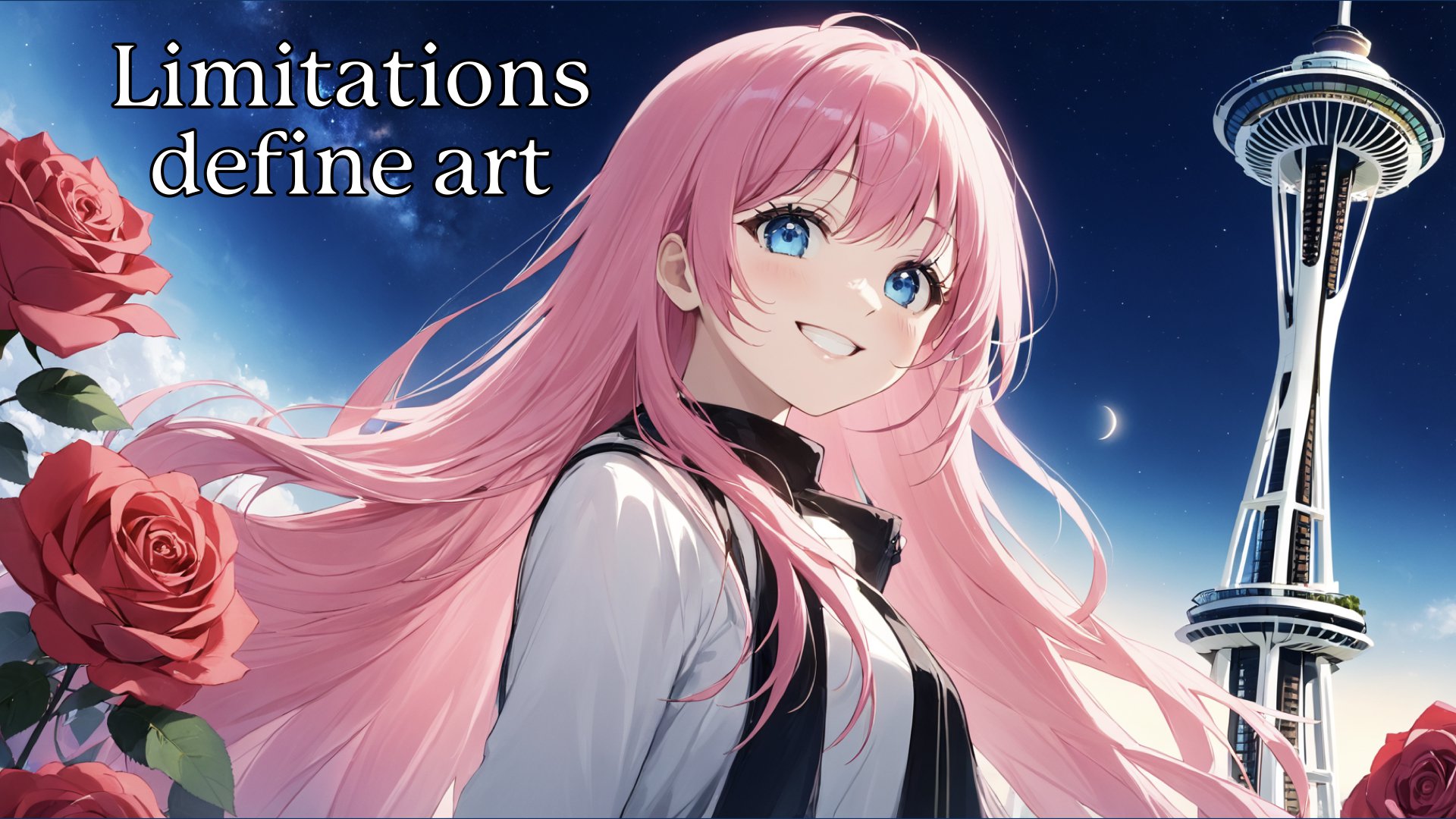 An ai-generated illustration of a blue-eyed pink haired anime woman smiling in front of the Space Needle with roses surrounding the image. The overlaid text says 'Limitations define art'.