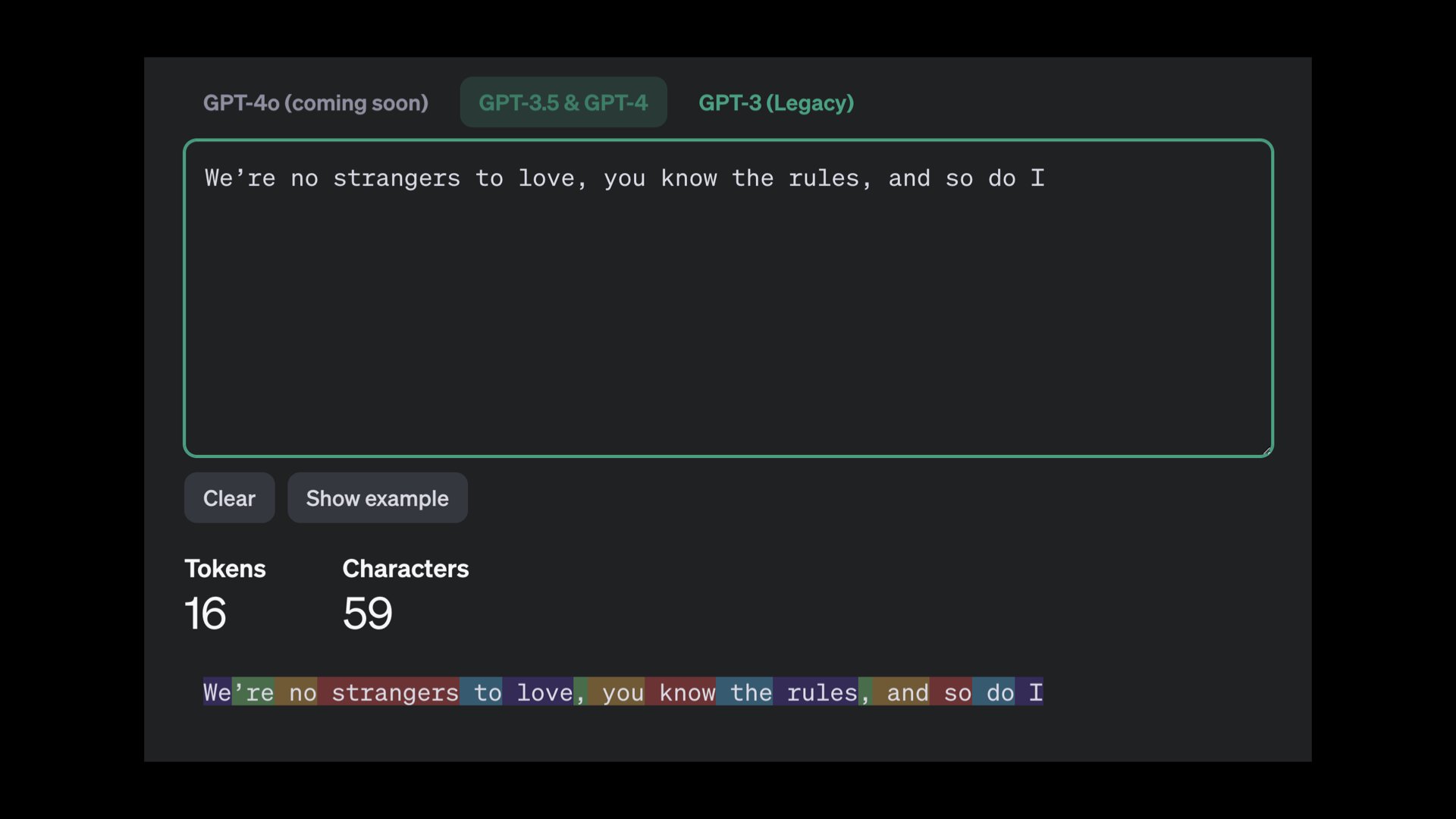 A screenshot of the OpenAI tokenizer demo, showing that the example phrase is 59 characters and 16 tokens. Each token is highlighted in a different color.