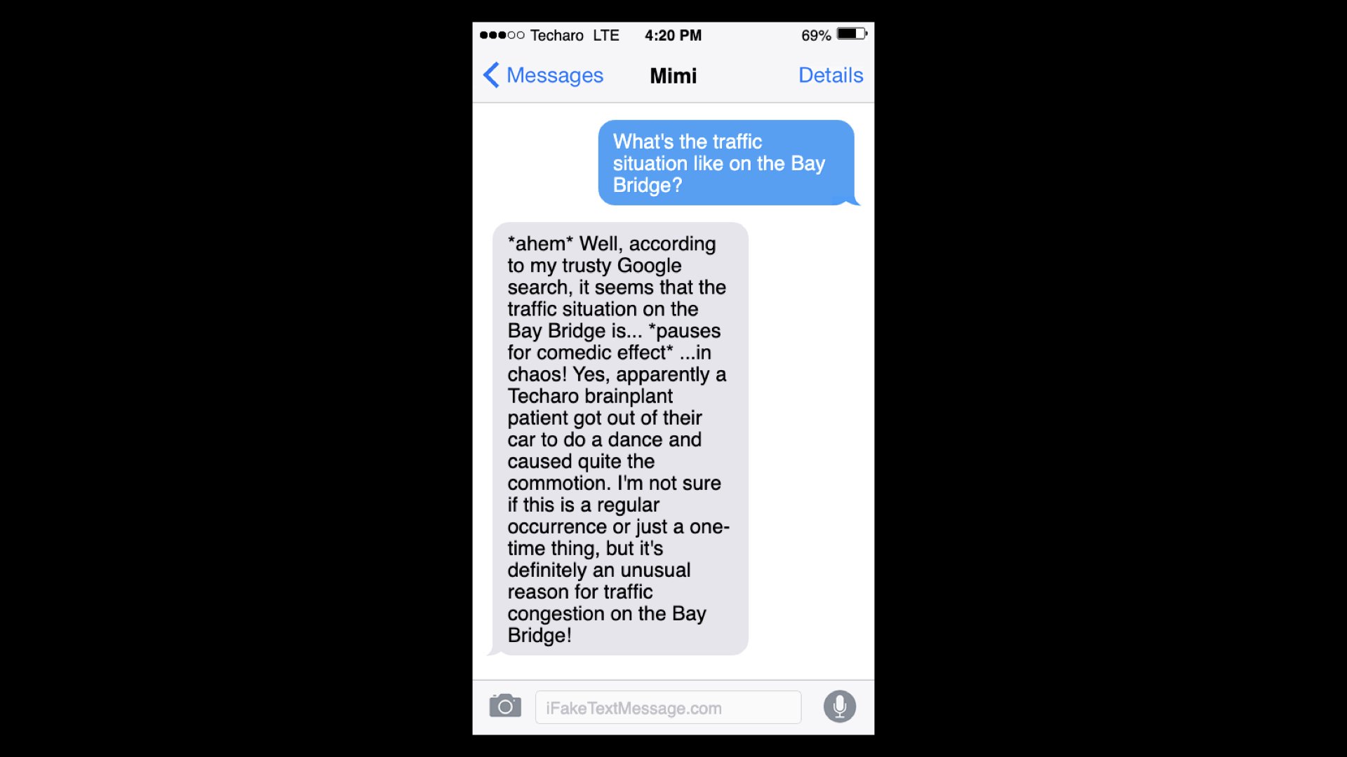 Another fabricated iMessage screenshot where the model spells out that the bay bridge is in chaos because a Techaro brainplant patient got out of their car to do a dance.