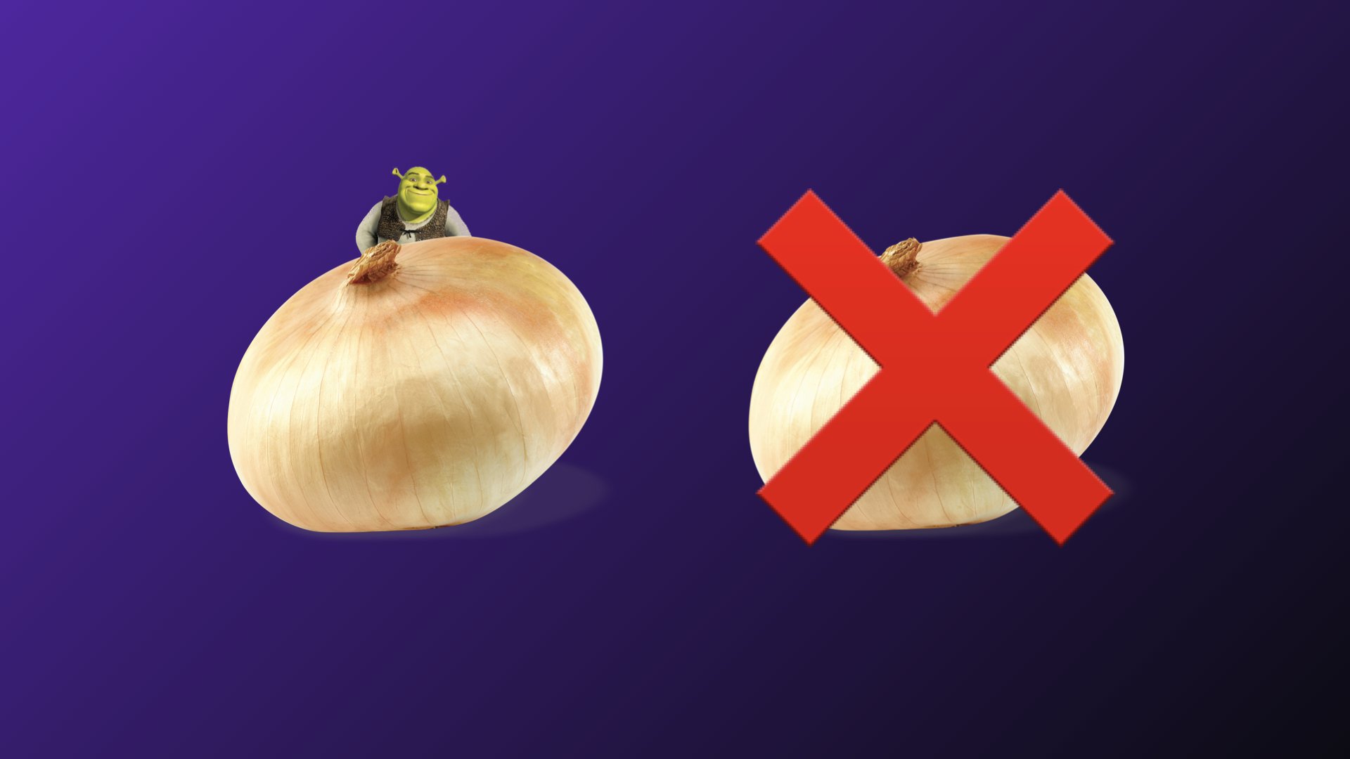 An onion and an onion with an X over it. An onion is a visual metaphor for layered Docker images.