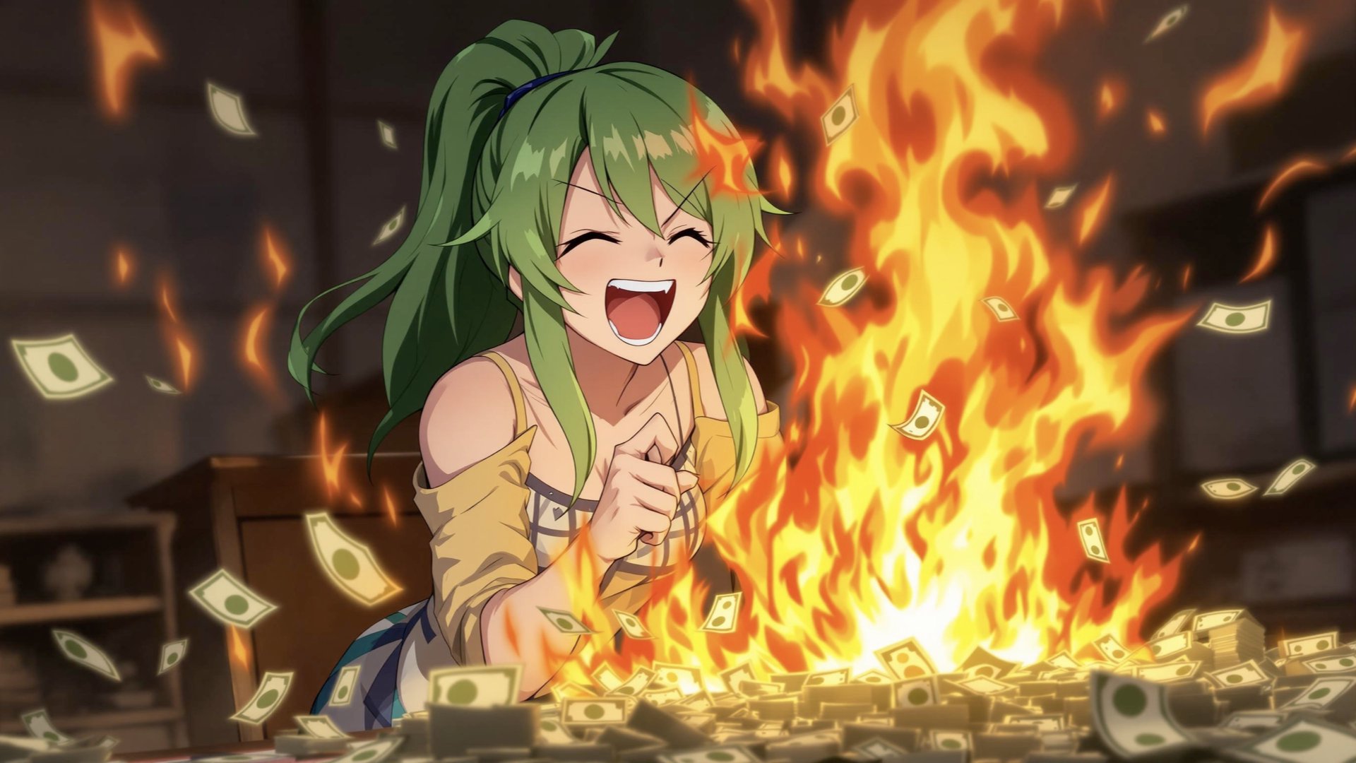 A green-haired anime woman immolating money and laughing.