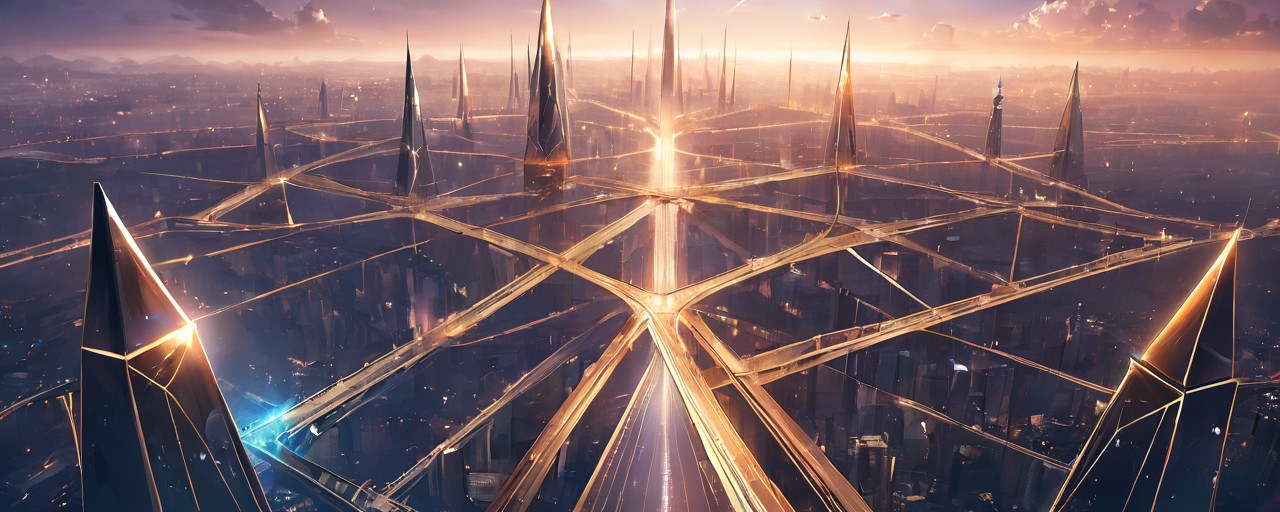 A picture of a bunch of spires between glowing highways in a futuristic city